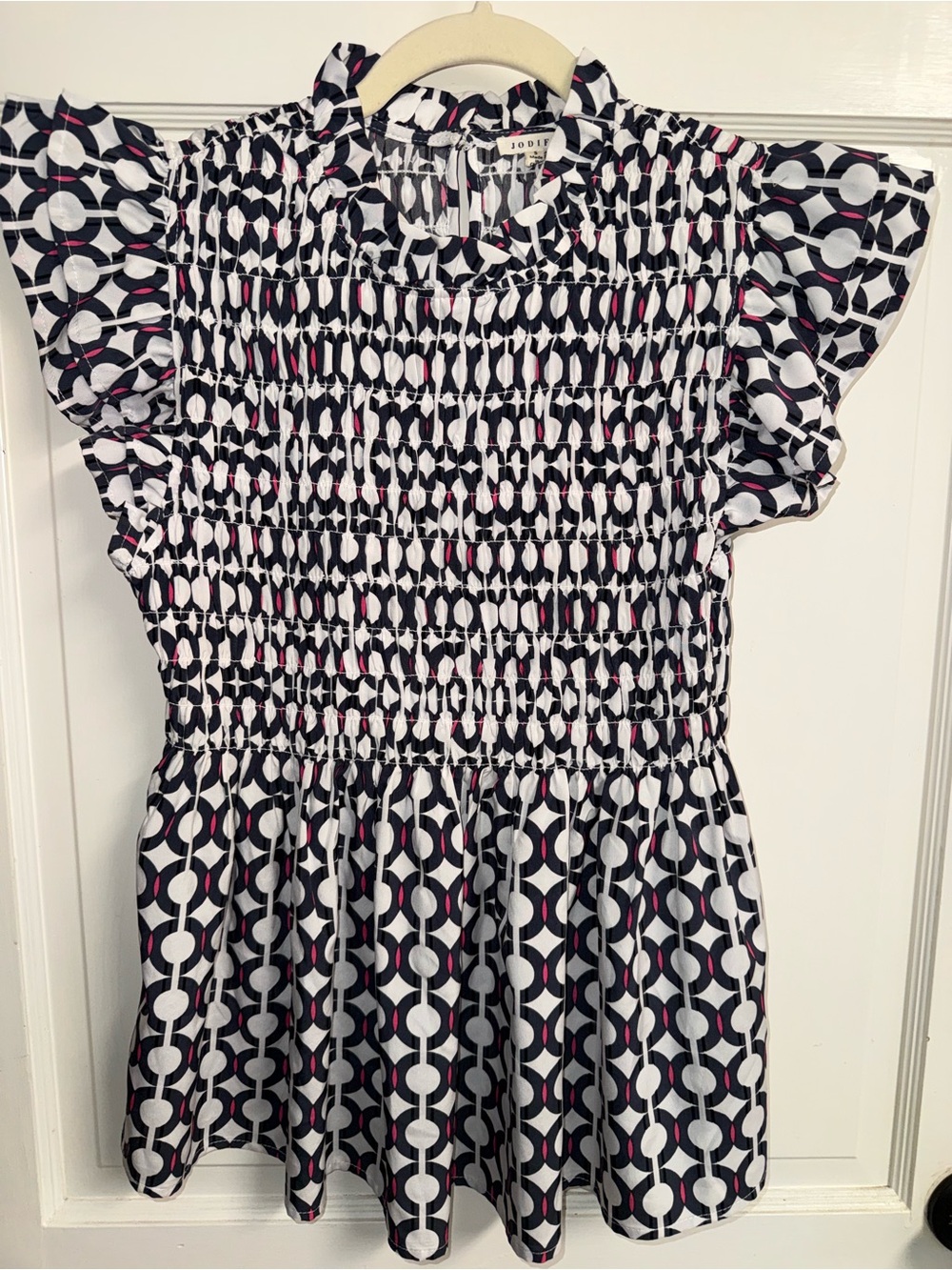 Jodifl Navy, White & Pink Geometric Smocked Blouse size small
